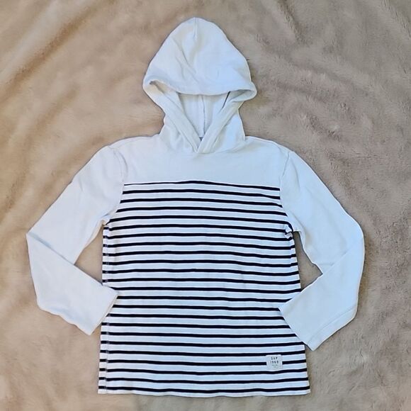 GAP KIDS WHITE WITH NAVY BLUE STRIPES LIGHTWEIGHT HOODIE, SIZE 8 - Picture 1 of 7